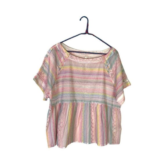 Anthropologie White Neon Embroidered Rainbow Letty Babydoll Blouse NWOT Medium - Picture 2 of 5